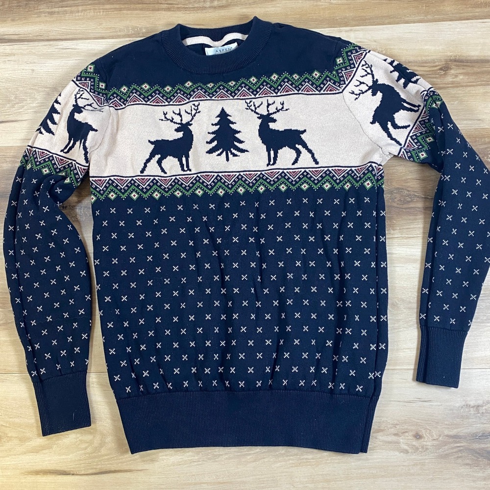 Aspen Mens Reindeer‎ Fair Isle Cotton Crewneck Sweater Navy Blue Size Medium